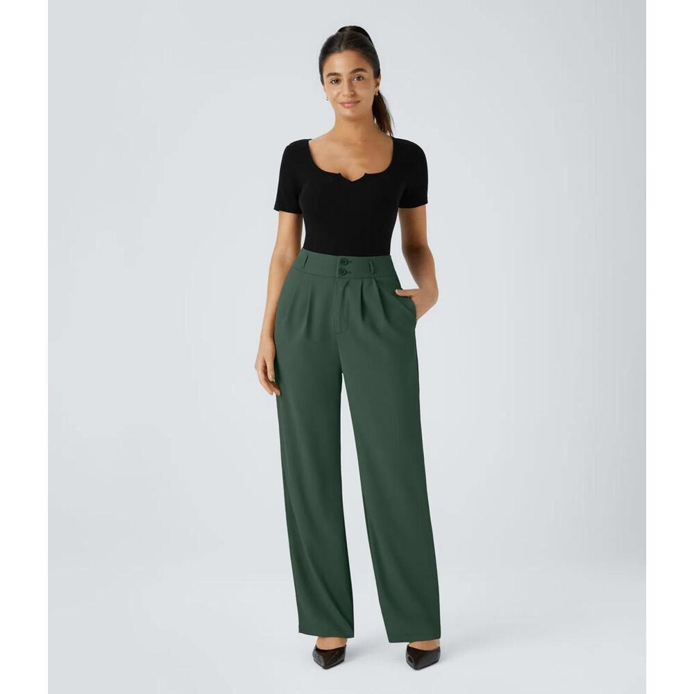 NWT Halara High Waisted Shirred Straight Leg Work Pants Dark Green M Petite - Picture 13 of 13
